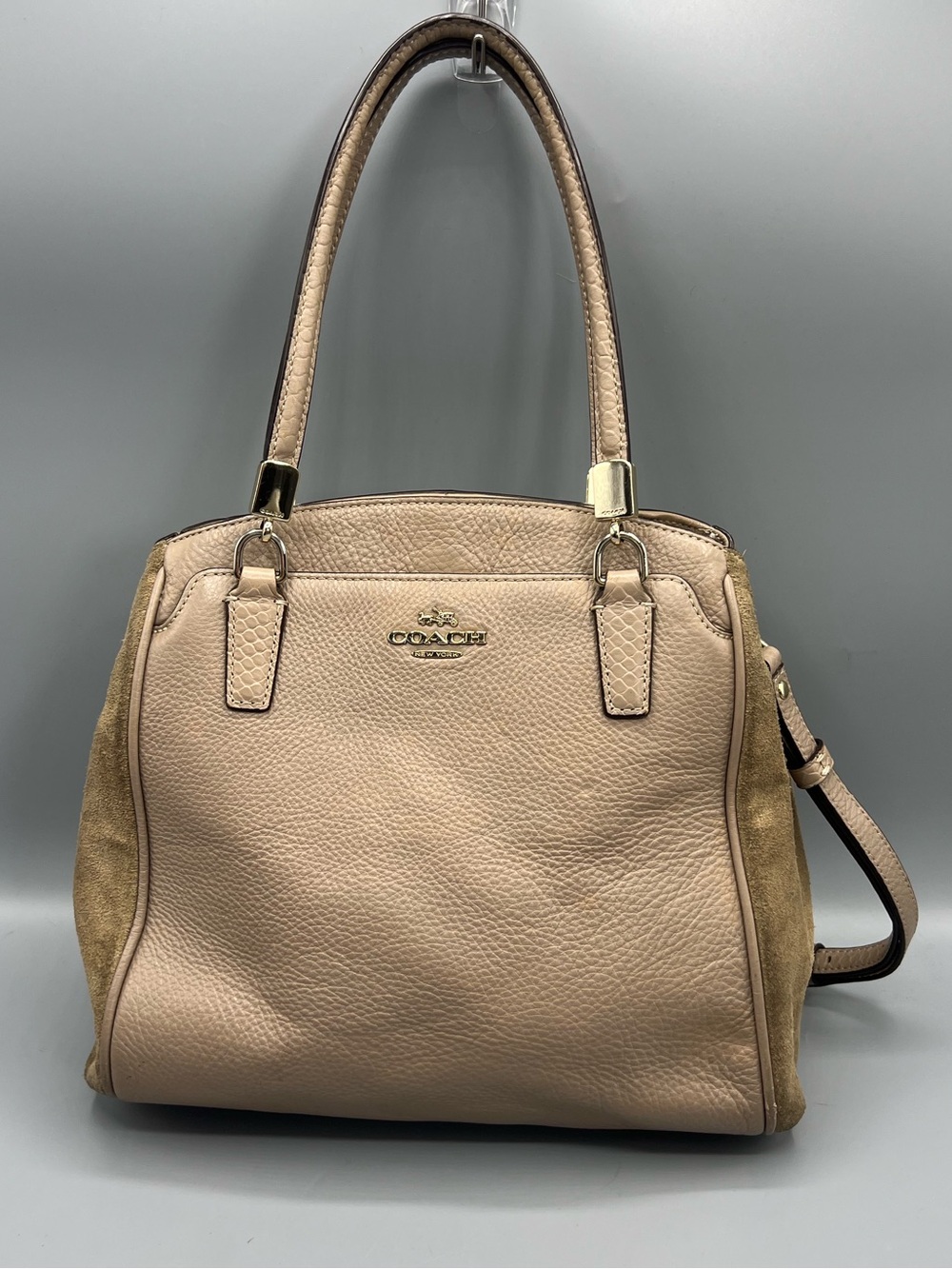 Coach Minetta Taupe Pebbled Leather Suede Satchel Crossbody Shoulder Bag